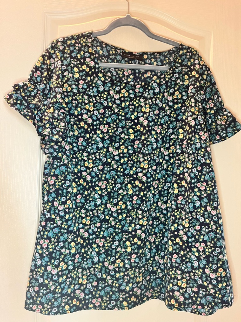 Lane Bryant Navy Short-Sleeve Floral Ruffle Blouse
